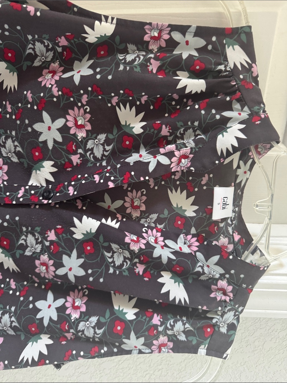 CAbi Black Floral Sleeveless V-Neck Tank with Pink and White Blooms - Picture 3 of 5